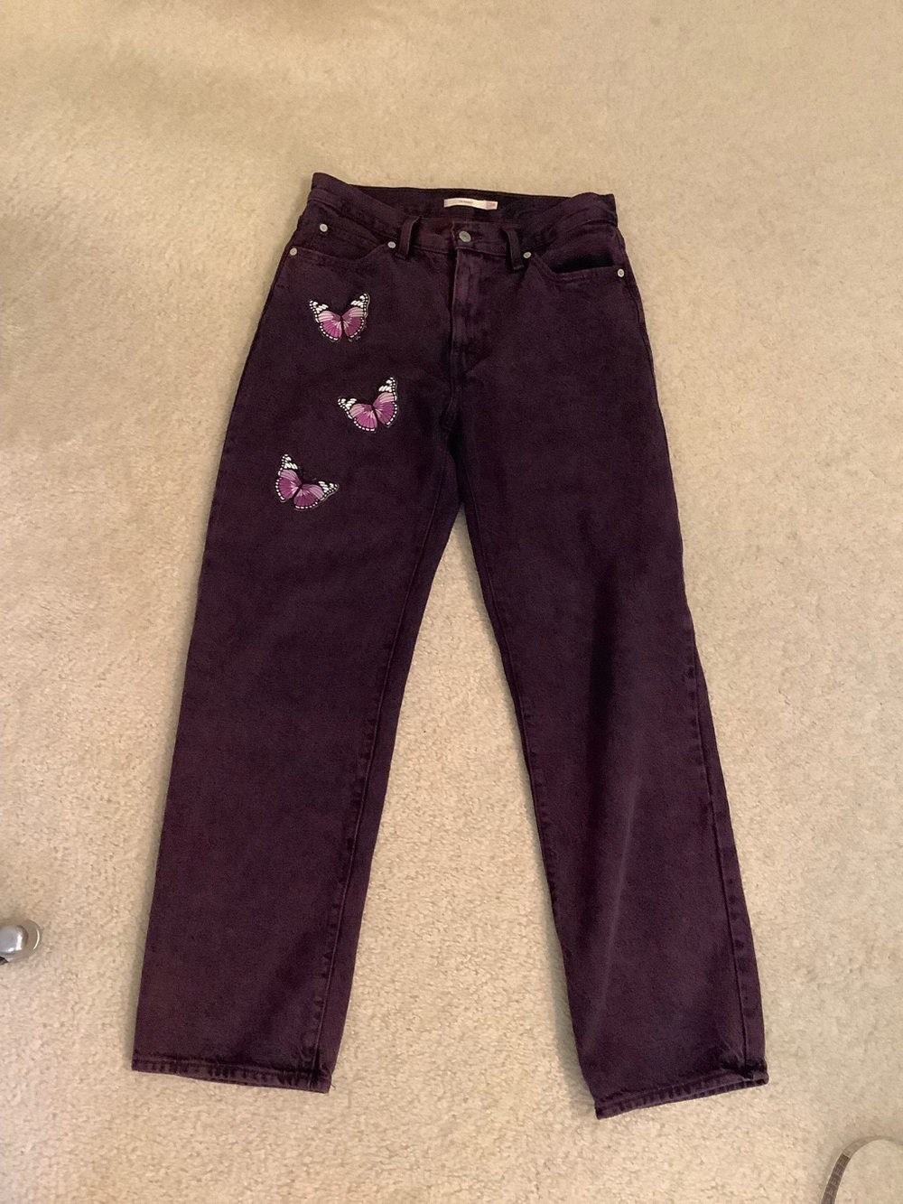 Levi’s 94 Baggy High rise Wide Leg Purple Denim Jeans 28/6 Butterfly Patches